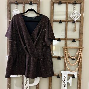 Lane Bryant Brown Metallic Wrap Peplum Top